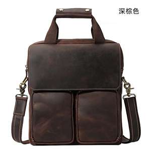 復古手工瘋馬皮手提包 男士豎款公事包 頭層牛皮公文包 真皮單肩包斜挎包 瘋牛皮側背包