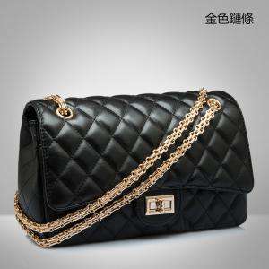 經典菱格鏈條羊皮女包 金色串皮鏈條包 钨钢鏈條包 小香風黑色羊皮女式包包 真皮斜背包