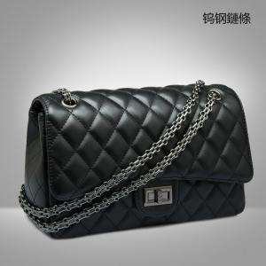 經典菱格鏈條羊皮女包 金色串皮鏈條包 钨钢鏈條包 小香風黑色羊皮女式包包 真皮斜背包