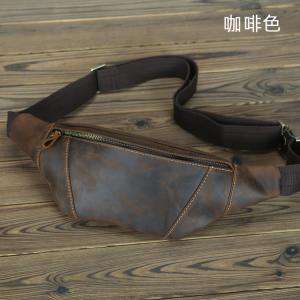 復古男士瘋馬皮腰包 手工頭層牛皮斜挎包 真皮戶外韓版運動騎行男包生意老闆包