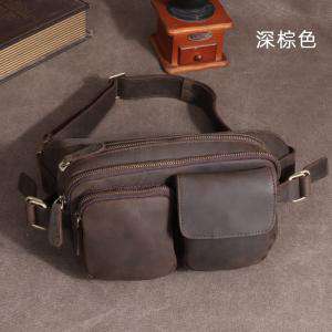 瘋馬皮腰包 真皮男士生意老闆包 頭層牛皮多功能手機腰包 運動胸包 