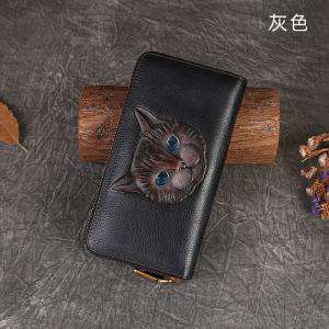 真皮零錢包 新款貓咪壓花多卡位卡包設計感輕奢手拿包 貓頭錢包皮夾 長款皮包