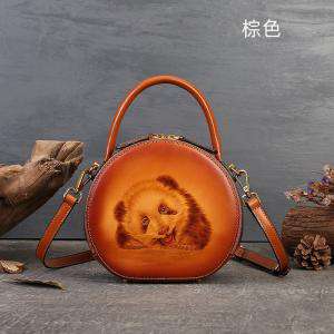 熊貓烙畫小圓包 頭層牛皮斜背包 動物烙畫單肩包 文藝百搭復古斜挎包真皮女包側背包