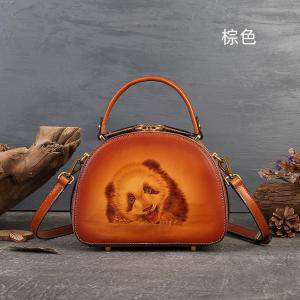 真皮女包 手工小眾復古斜挎包 女式手提包 熊貓烙畫設計感單肩斜背包餃子包 民族風
