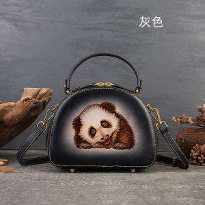 真皮女包 手工小眾復古斜挎包 女式手提包 熊貓烙畫設計感單肩斜背包餃子包 民族風