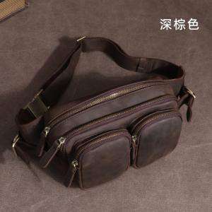 休閑真皮腰包 男多功能收銀背包 頭層牛皮大腰包 男士胸包瘋馬皮手機包生意老闆包