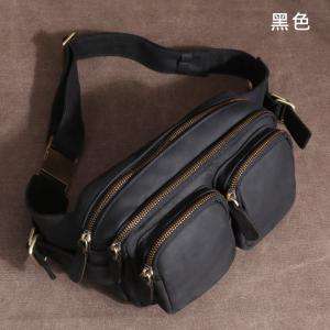 休閑真皮腰包 男多功能收銀背包 頭層牛皮大腰包 男士胸包瘋馬皮手機包生意老闆包