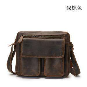 瘋馬皮手工斜背包 休閑單肩包 男款頭層牛皮側邊包 復古真皮通勤斜挎包郵差包