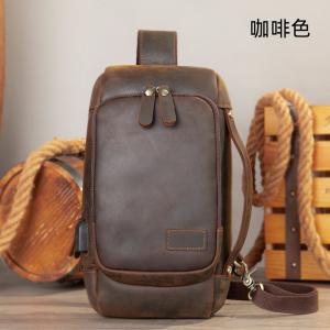 多功能真皮胸包 瘋馬皮男款斜挎胸包 USB接口頭層牛皮斜跨包 戶外運動潮牌胸前包可手提推薦