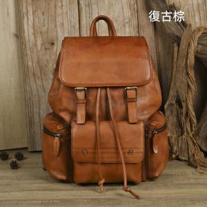 復古頭層牛皮束口翻蓋後背包 植鞣男雙肩包 真皮傘兵包休閑百搭書包全真皮旅行背包推薦