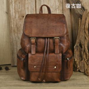 復古頭層牛皮束口翻蓋後背包 植鞣男雙肩包 真皮傘兵包休閑百搭書包全真皮旅行背包推薦