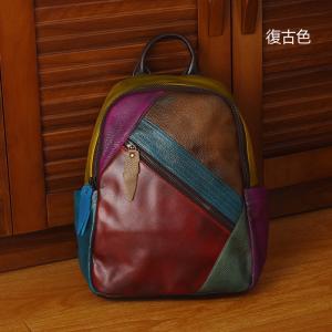 復古彩色拼接學生書包 女生旅行包 頭層牛皮後背包 真皮女式休閑旅行背包手工背包推薦