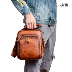 頭層植鞣牛皮復古斜背包 休閒男士斜挎包 多隔層男士包包 新款真皮側背包手提包推薦