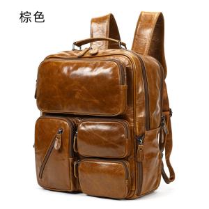 油蠟皮男士雙肩包 大容量真皮後背包 多口袋旅行包 頭層牛皮高級感16吋商務電腦背包學生書包推薦