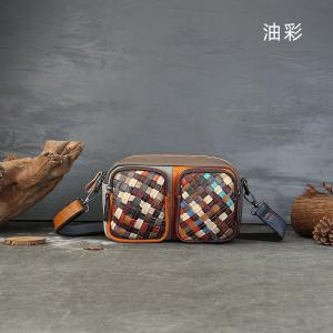 真皮編織拼色相機包 大容量多卡位單肩斜挎包編織包 熱賣款女生腰包生意老闆包推薦