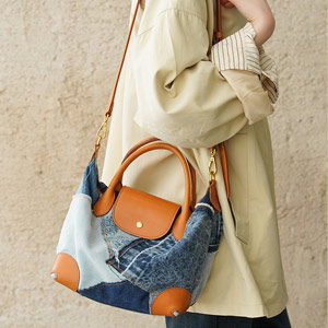 新款牛仔布拼接植鞣皮單肩包 樹膏皮斜背包 真皮女士手提包 通勤時尚女包手袋推薦