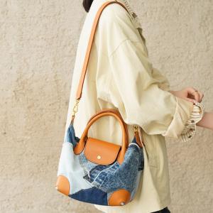 新款牛仔布拼接植鞣皮單肩包 樹膏皮斜背包 真皮女士手提包 通勤時尚女包手袋推薦