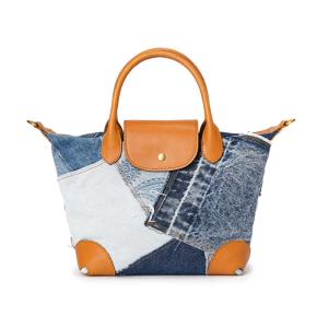 新款牛仔布拼接植鞣皮單肩包 樹膏皮斜背包 真皮女士手提包 通勤時尚女包手袋推薦