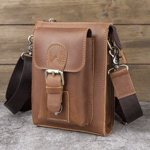 男士斜挎包單肩包 豎款真皮男包 復古男穿皮帶小腰包 頭層瘋馬皮手機包掛包斜背包推薦