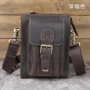 男士斜挎包單肩包 豎款真皮男包 復古男穿皮帶小腰包 頭層瘋馬皮手機包掛包斜背包推薦