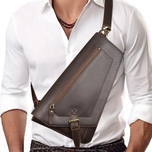 新款復古瘋馬皮休閒馬鞍包 頭層牛皮運動斜挎包 真皮胸包男士斜背包胸前包推薦