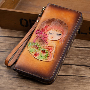 RFID防盜刷女士手工真皮錢包 頭層牛皮錢夾 可愛女生花朵長夾皮夾 歐美長款復古手拿包推薦