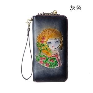 RFID防盜刷女士手工真皮錢包 頭層牛皮錢夾 可愛女生花朵長夾皮夾 歐美長款復古手拿包推薦