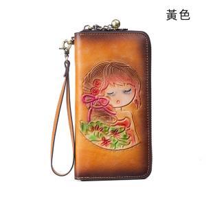 RFID防盜刷女士手工真皮錢包 頭層牛皮錢夾 可愛女生花朵長夾皮夾 歐美長款復古手拿包推薦