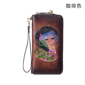 RFID防盜刷女士手工真皮錢包 頭層牛皮錢夾 可愛女生花朵長夾皮夾 歐美長款復古手拿包推薦