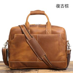 歐美復古男士牛皮手提包 瘋馬皮公事包單肩斜挎電腦包 真皮商務15吋筆電包 通勤公文包推薦