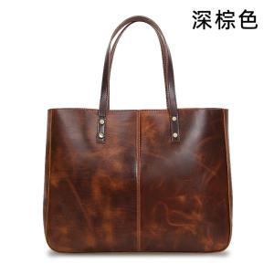 新款真皮托特包 油蠟抓花手提包 女士高級感頭層牛皮單肩包 大容量復古通勤包包推薦