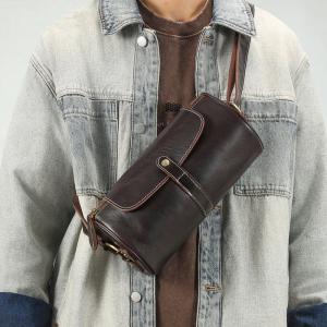新款蓋頭圓筒包 復古真皮男士斜挎包 戶外休閒大容量男包胞包肩背包 耐磨實用斜背包推薦