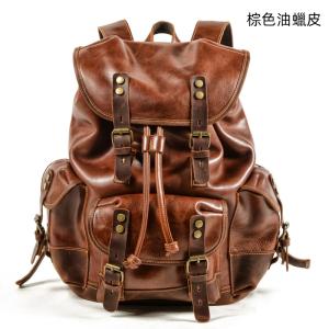 戶外多口袋瘋馬皮束口後背包 油蠟皮休閒新款登山包 大容量男士雙肩包 歐美真皮旅行背包書包推薦