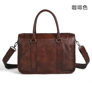 大容量頭層牛皮商務公文包 通勤電腦包手提包 手工擦色復古包包斜背包 真皮公事包推薦