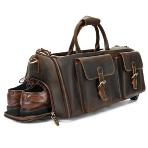 帶滑輪瘋馬皮旅行包 男式拉杆箱旅行手袋 頭層牛皮西裝包手提包帶鞋倉商務出差行李包推薦