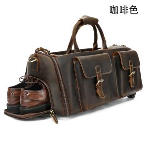 帶滑輪瘋馬皮旅行包 男式拉杆箱旅行手袋 頭層牛皮西裝包手提包帶鞋倉商務出差行李包推薦