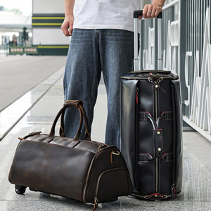 帶滑輪瘋馬皮出差旅行包 高檔男士手提包旅行袋 新款手袋大容量商務出行行李袋西裝包推薦