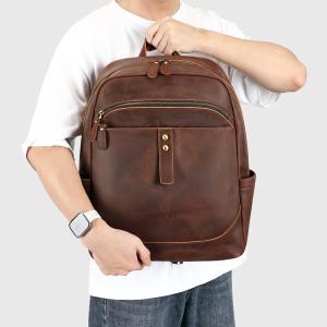 頭層牛皮商務雙肩包 瘋馬皮後背包大學生書包 15吋電腦背包潮包 高級感時尚簡約真皮旅行包推薦