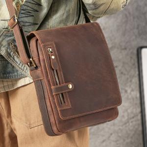 新款瘋馬皮斜背包 真皮單肩斜挎包 休閒通勤復古男包 多功能豎款拉鏈包包單肩包推薦