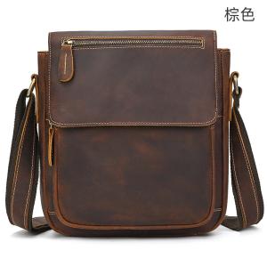 新款復古男士單肩包 瘋馬皮郵差包斜背包 真皮側背包翻蓋斜挎包 頭層牛皮旅行斜跨包推薦