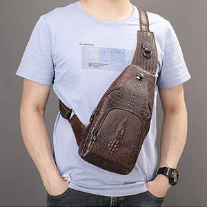 鱷魚紋斜跨胸包 頭層牛皮街頭潮流斜背包 男士手機包斜跨肩背包 真皮單肩包推薦