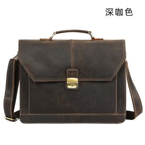 頭層牛皮三層公事包 男士手袋斜背包公文包 高檔蓋式商務電腦包 瘋馬皮16吋筆電包手提包推薦