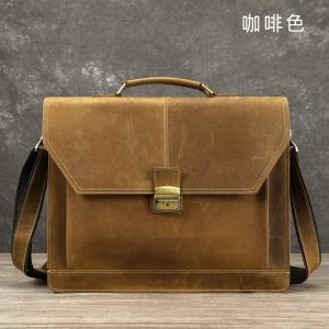 頭層牛皮三層公事包 男士手袋斜背包公文包 高檔蓋式商務電腦包 瘋馬皮16吋筆電包手提包推薦