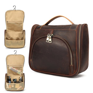 頭層牛皮復古洗漱包 男女通用真皮化妝包 瘋馬皮化妝品收納袋手包 旅行洗漱手提袋推薦