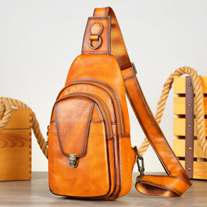 新款擦色胸包斜挎包 男款復古大容量休閒真皮斜背包 頭層牛皮戶外運動單肩男士胸前包推薦