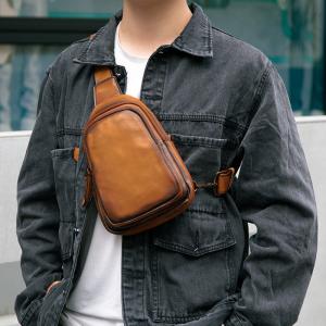 男士頭層牛皮胸包 復古擦色斜挎背包 真皮男包多功能牛皮胸前包 時尚高級感單肩包推薦