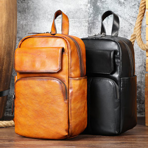 男女兩用胸包後背包 頭層牛皮復古擦色胸前包 大容量真皮雙肩背包 時尚休閒青年包包