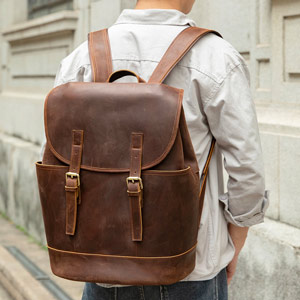 時尚瘋馬皮後背包 男款雙肩包旅行包 復古休閒真皮差旅背包 大容量16吋電腦背包推薦