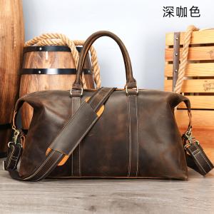 兩款材質：真皮復古瘋馬皮行李袋 男士單肩手提包旅行包 真皮斜背包差旅手袋推薦