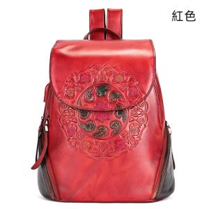真皮民族風後背包 復古女士擦色雙肩包 新款花紋背包 頭層牛皮大容量旅行包學生書包推薦